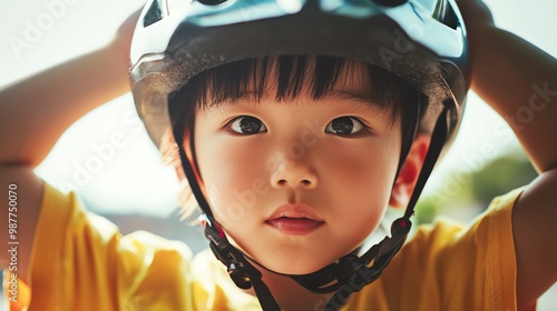 A young child wearing a helmet, looking curious and ready for an adventure outdoors, showcasing innocence and joy. photo