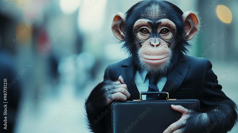 A chimpanzee dressed in a business suit holds a briefcase in front of a blurred city background. A chimpanzee dressed in a business suit holds a briefcase in front of a blurred city background.