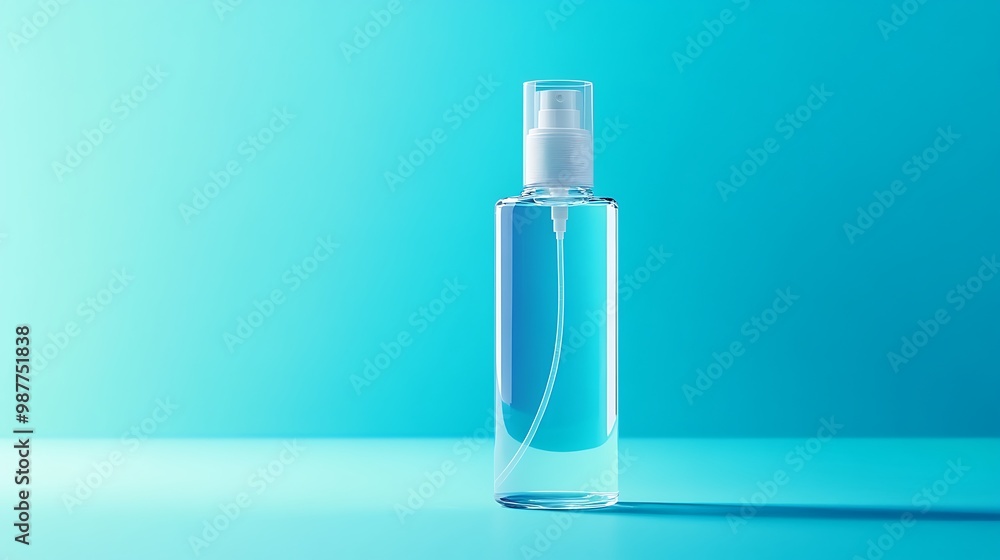 Clear Spray Bottle Mockup on Blue Background Clear Spray Bottle Mockup on Blue Background