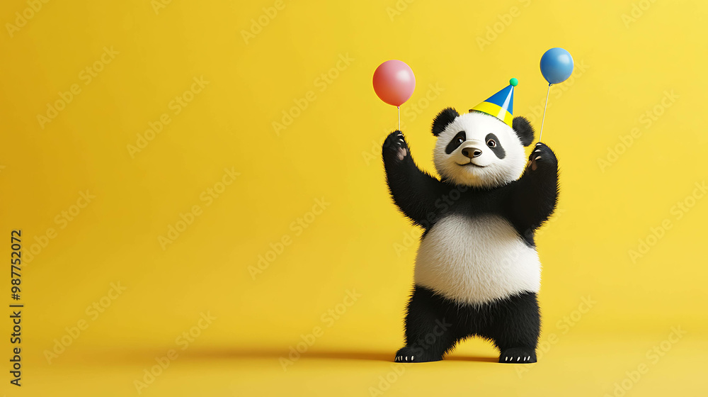 Naklejka premium A cute panda bear wearing a party hat holds two balloons on a yellow background.