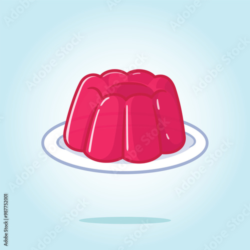 Sweet dessert pink jelly pudding on plate. Food vector cartoon illustration