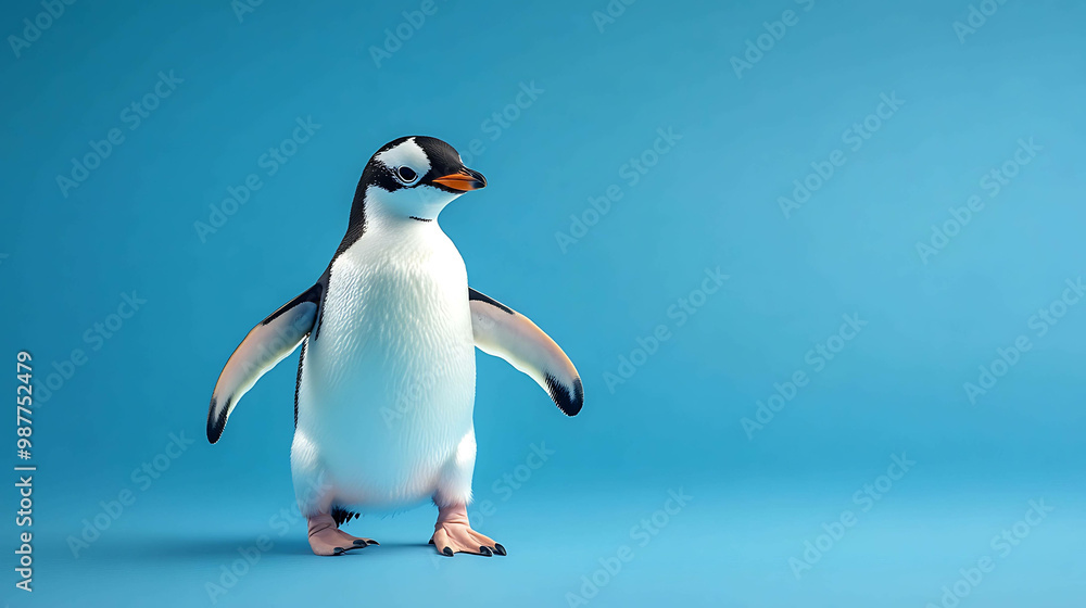 Fototapeta premium A penguin stands on a blue background.
