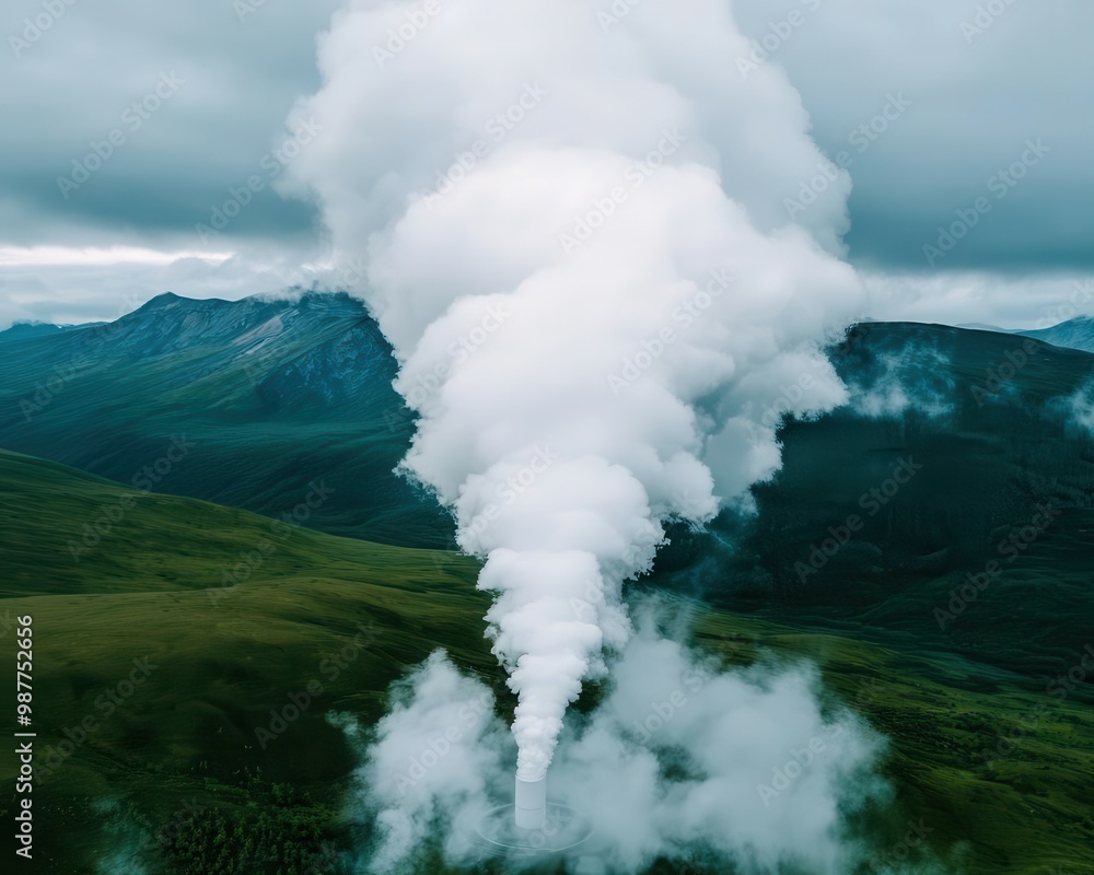 Obraz premium Aerial view of a geothermal energy facility with steam rising, surrounded by sustainable natural landscapes