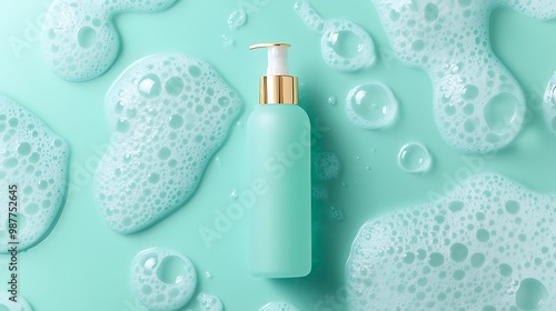 Mint Green Soap Bottle with White Foam on Green Background