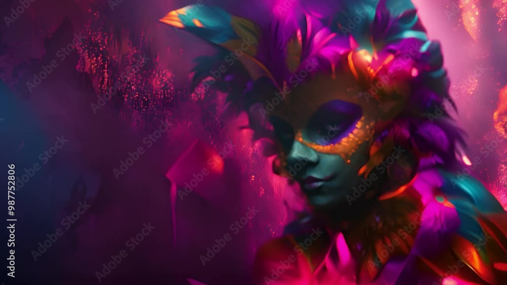 A woman with a mask on her face is shown in a colorful and vibrant setting. The image is a work of art that captures the essence of a carnival or a masquerade ball A woman with a mask on her face is shown in a colorful and vibrant setting. The image is a work of art that captures the essence of a carnival or a masquerade ball