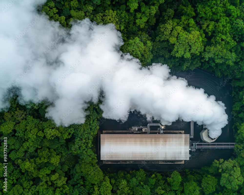 Fototapeta premium Aerial view of geothermal energy plant with steam vents, green energy technology harnessing earth s heat