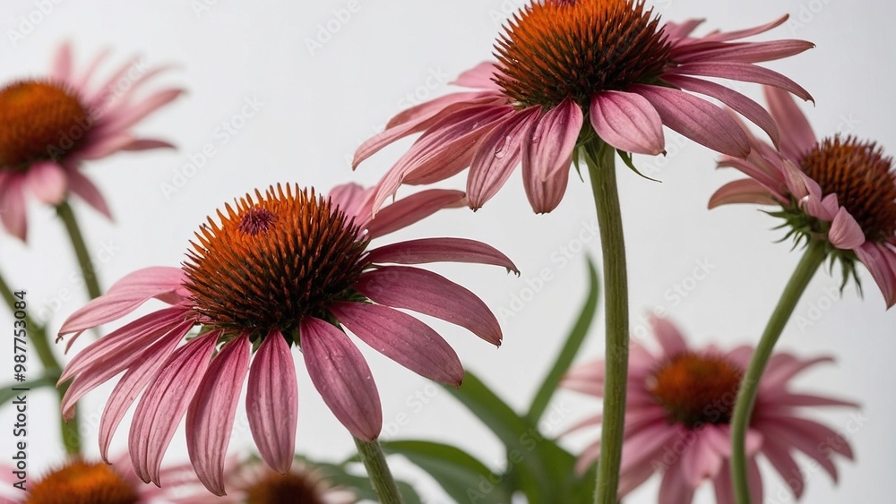 Fototapeta premium Single Echinacea flower in full bloom against a white background with green leaves