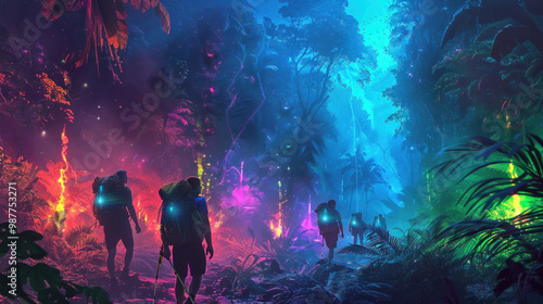 Backpackers trekking through neon-lit jungles where the trees glow and the ground hums with energy