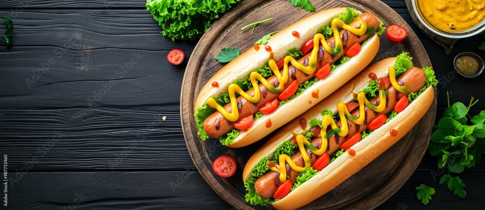 Close-up of juicy hot dogs with mustard on rustic wooden surface. Close-up of juicy hot dogs with mustard on rustic wooden surface.