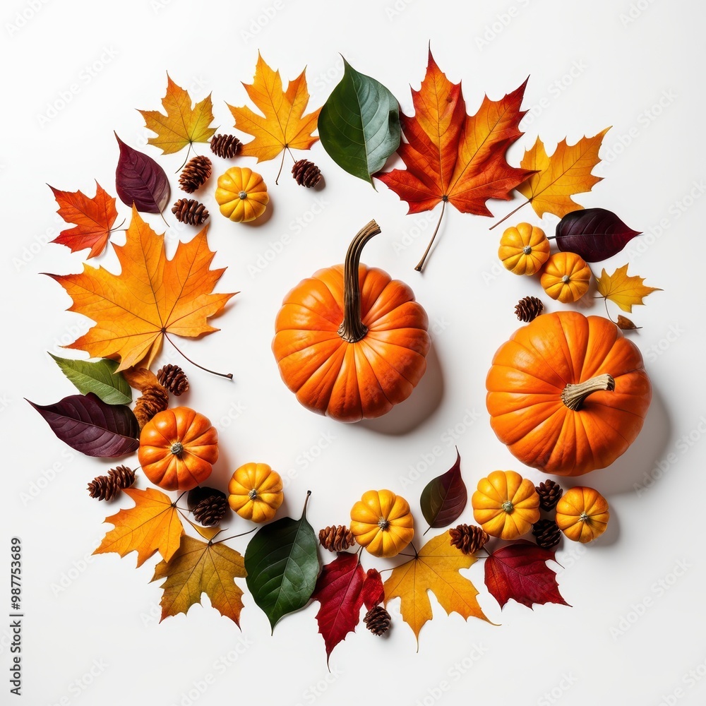 A decorative arrangement of pumpkins and autumn leaves, evoking a seasonal theme. A decorative arrangement of pumpkins and autumn leaves, evoking a seasonal theme.