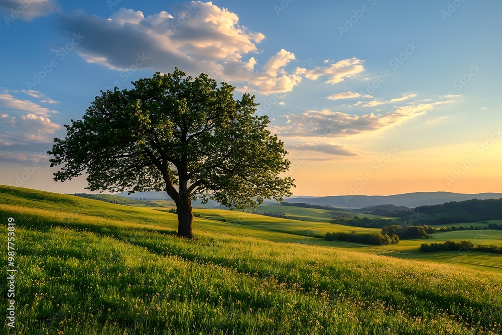 Fototapeta premium Lone tree on a hill in a field at sunset