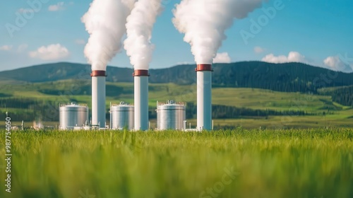 Futuristic geothermal plant with underground heat pipes, surrounded by renewable energy symbols photo