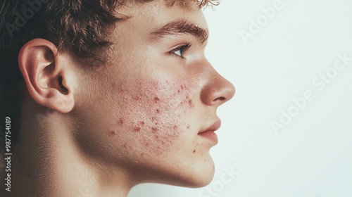 Profile view of a young man with acne on his face, highlighting skin imperfections and youthful features.