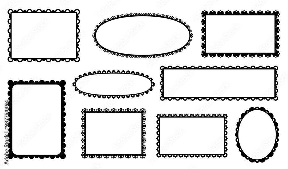Scallop frames and dividers, edge lace borders, frill ribbons with fabric ornament pattern. Vector scalloped round, oval, square or rectangular shapes with black elegant curves boast vintage intricacy Scallop frames and dividers, edge lace borders, frill ribbons with fabric ornament pattern. Vector scalloped round, oval, square or rectangular shapes with black elegant curves boast vintage intricacy