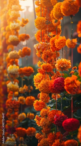 banner background of Navratri Day a captivating image of a vibrant flower market filled with marigold garlands, showcasing the beauty and abundance of floral offerings for the goddess photo