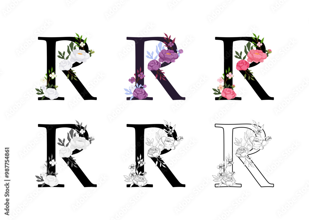 Obraz premium Vector collection of the letters R adorned with floral designs.