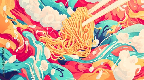 Vibrant illustration of noodles swirling through colorful waves, infused with dynamic energy and artistic flair. photo