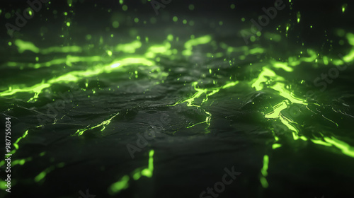 Glowing green liquid flowing through dark stone surface