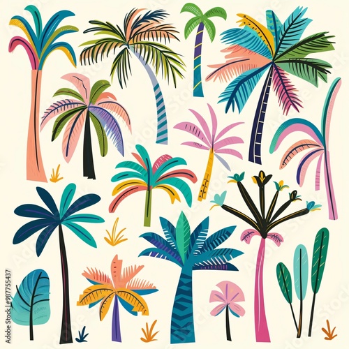 Collection of colorful tropical trees with simple lines and shapes.