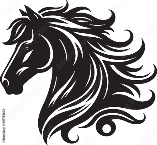 A black and white drawing of a horse with a black tail