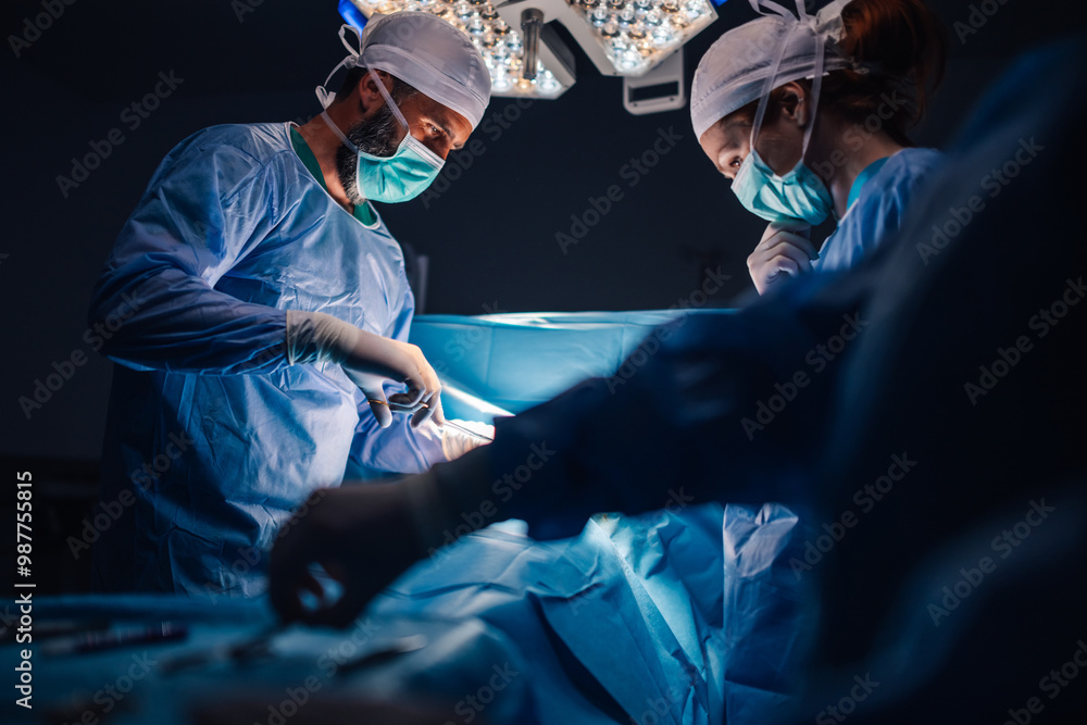 Surgeons performing a delicate operation under bright surgical lights. Surgeons performing a delicate operation under bright surgical lights.