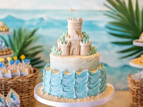 Playful birthday beach bash with a sandcastle cake, ocean waves, and tropical decor