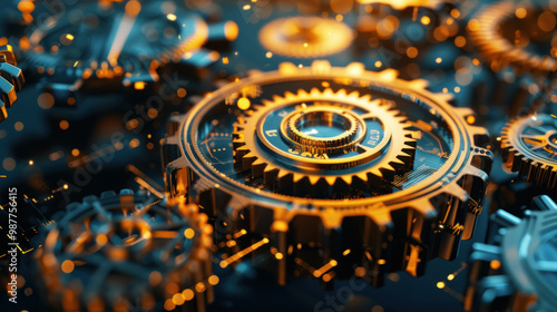 Wallpaper Mural Business assets symbolized by golden gears spinning within a futuristic financial machine Torontodigital.ca