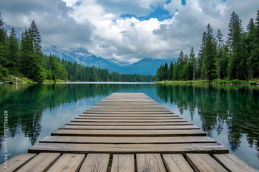 Wooden Dock Extending into Calm Lake with Mountain View and Blue Sky Wooden Dock Extending into Calm Lake with Mountain View and Blue Sky