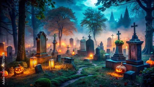 Spooky Halloween Graveyard Scene with Tombstones, Eerie Fog, and Creepy Atmosphere at Night