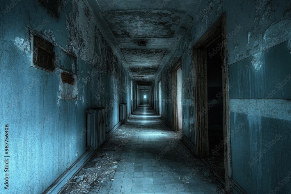 Long dark corridor showing crumbling decaying hospital Long dark corridor showing crumbling decaying hospital