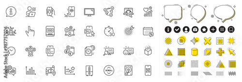 Set of Internet, Phone image and Heart beat line icons for web app. Design elements, Social media icons. Map, Cursor, Refrigerator icons. Monitor, Card, Info signs. Vector