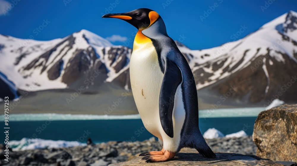 Fototapeta premium King Penguin Standing on a Rocky Shore with Snowy Mountains in the Background