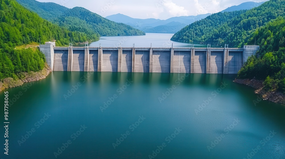 Modern hydropower station with advanced turbines, generating renewable energy in a natural setting Modern hydropower station with advanced turbines, generating renewable energy in a natural setting