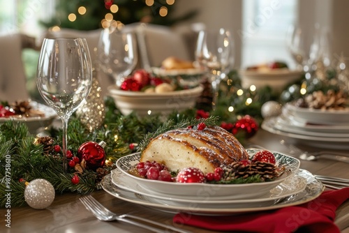 Christmas table setting with festive food and decorations