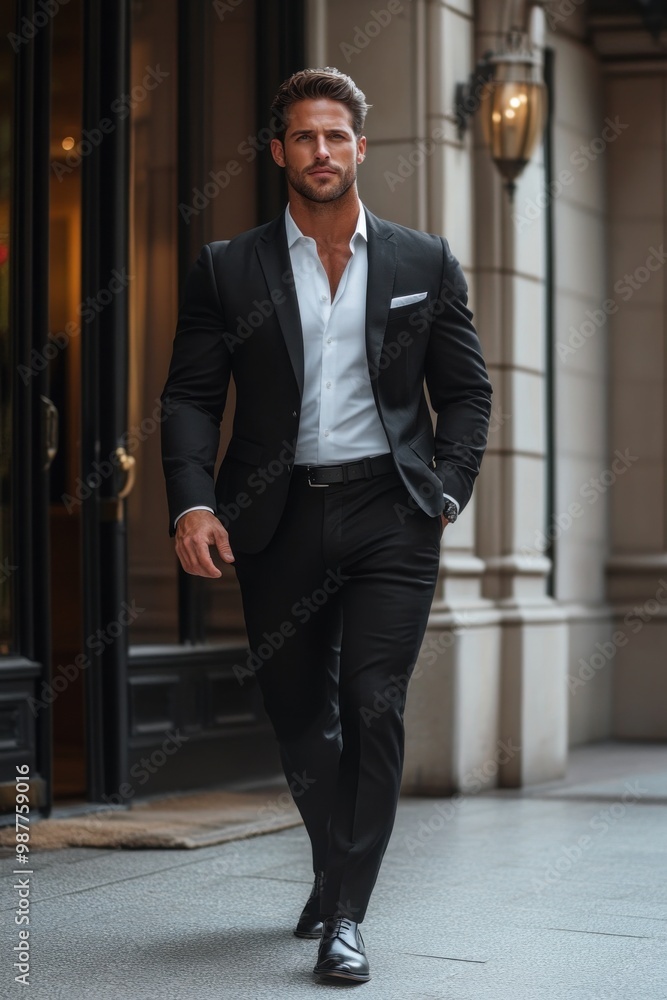 Businessman walking on city street wearing suit