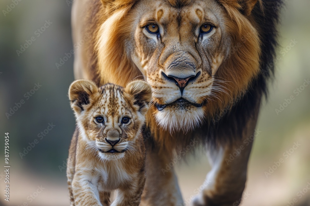 Fototapeta premium Lion and cub walking in the wild