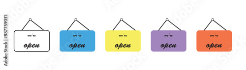set of tags for sale we are open sign icon welcome shop hanging on door symbol vector illustration design