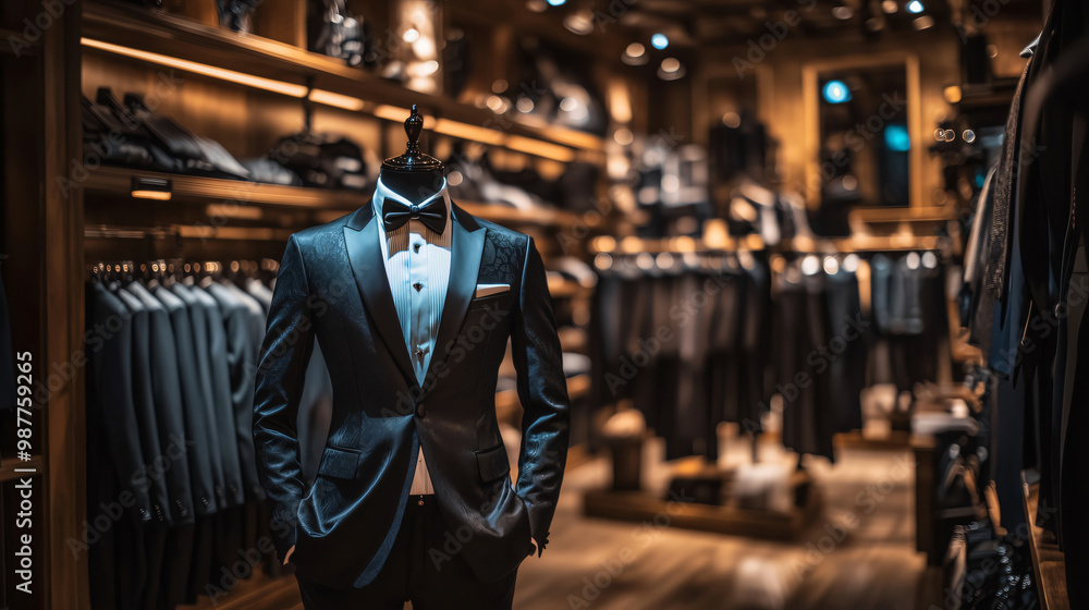 Naklejka premium Elegant black suit with bow tie displayed on mannequin in tailoring atelier