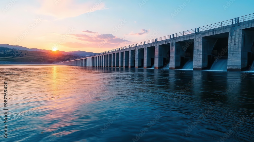 Hydroelectric dam with water flowing through turbines, generating sustainable energy for clean development Hydroelectric dam with water flowing through turbines, generating sustainable energy for clean development