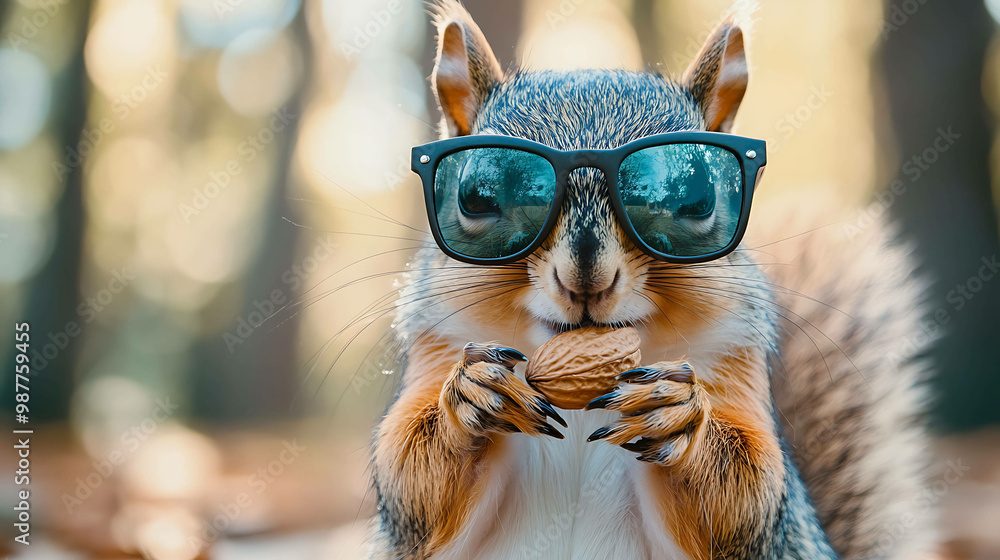 A squirrel wearing sunglasses eats a nut in front of a blurred forest background. A squirrel wearing sunglasses eats a nut in front of a blurred forest background.