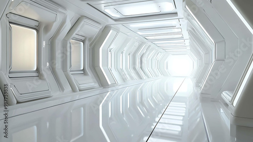 A futuristic, white corridor with a bright light at the end.