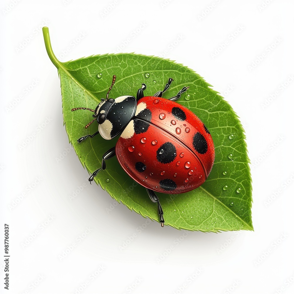 Fototapeta premium A vibrant ladybug rests on a green leaf, showcasing its bright red body and black spots, surrounded by droplets of water, white background