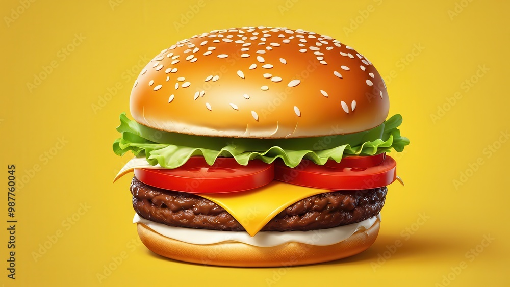 A delicious cheeseburger with lettuce, tomato, and sesame seed bun on a bright yellow background. A delicious cheeseburger with lettuce, tomato, and sesame seed bun on a bright yellow background.