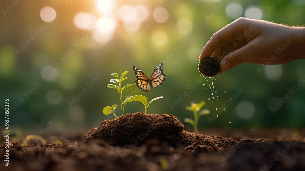 Fototapeta premium Planting a Seed of Hope: A Hand Nurturing a Sprout