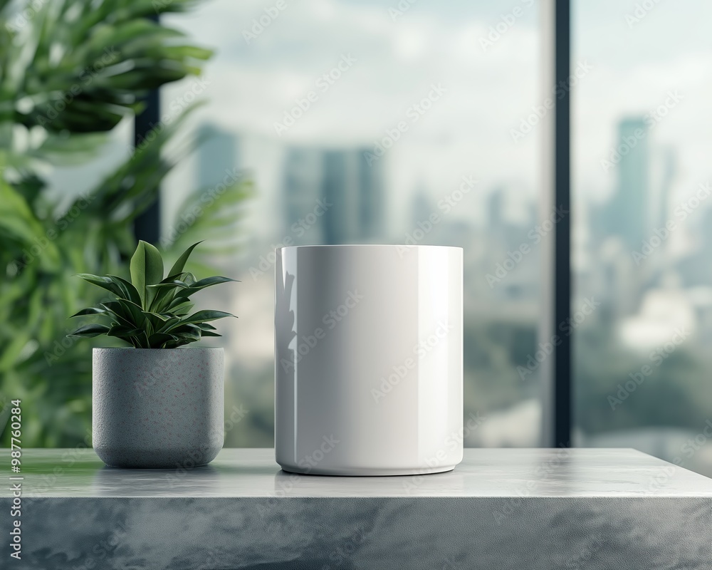 Modern minimalistic workspace with a small syntenic plant and white minimalist mug in front of a large window overlooking a cityscape. Modern minimalistic workspace with a small syntenic plant and white minimalist mug in front of a large window overlooking a cityscape.