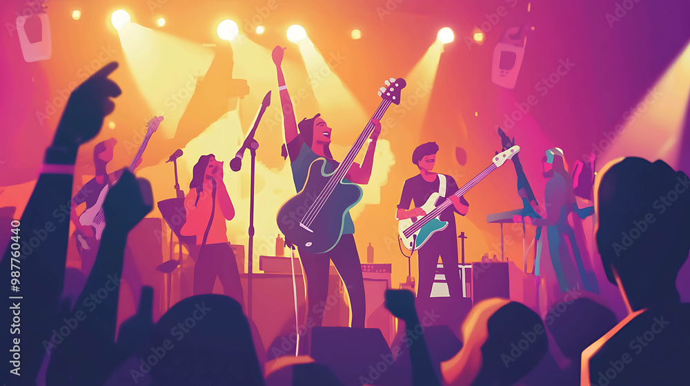 Fototapeta premium A band performs on stage with a cheering crowd in front of them.