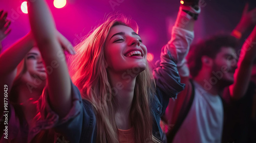 A young woman with long blonde hair smiles brightly while dancing at a concert with her friends.