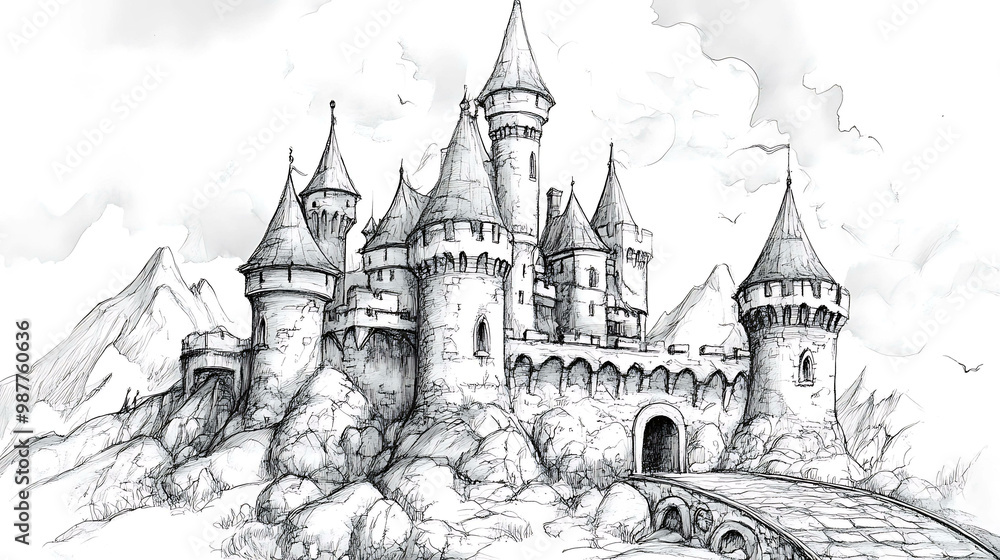 A detailed pencil sketch of a grand fairytale castle perched atop a rocky hill, with a bridge leading to its entrance. A detailed pencil sketch of a grand fairytale castle perched atop a rocky hill, with a bridge leading to its entrance.