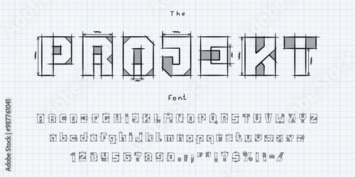 Architect font, technical type, sketch engineer typeface. Vector construction English alphabet, blueprint typography letters, numbers and sign characters with architecture drafting lines on grid paper