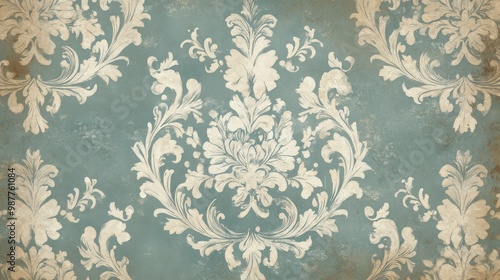 Abstract Blue and Gold Floral Damask Pattern on Weathered Wall